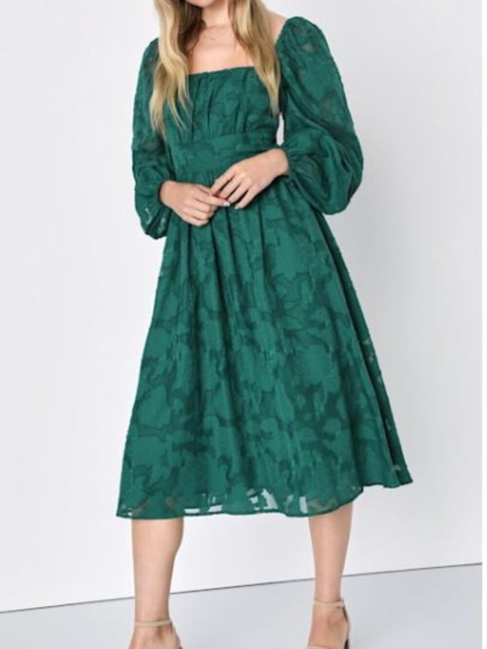 NWT Lulus Flirtatious Nature Emerald Green Floral Jacquard Midi Dress M